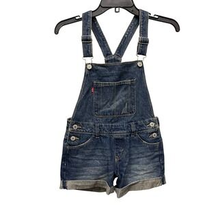 Levis Denim Shortalls Medium Wash Cuffed Distressed Bib Overalls Shorts size 10